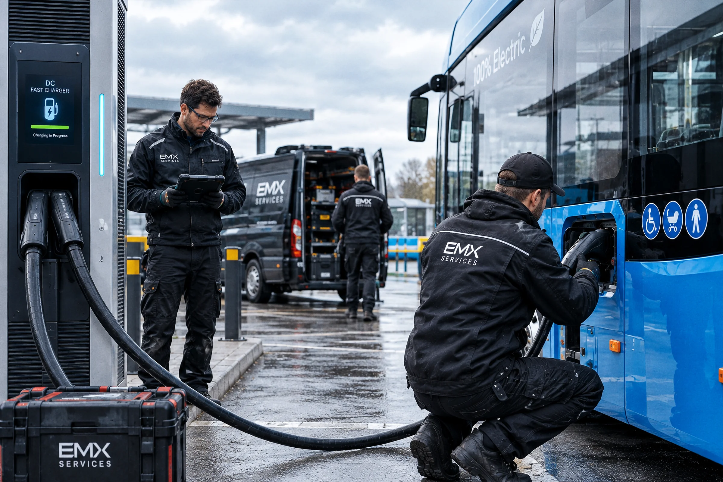 Zespół firmy przy stacji ładowania autobusów.
