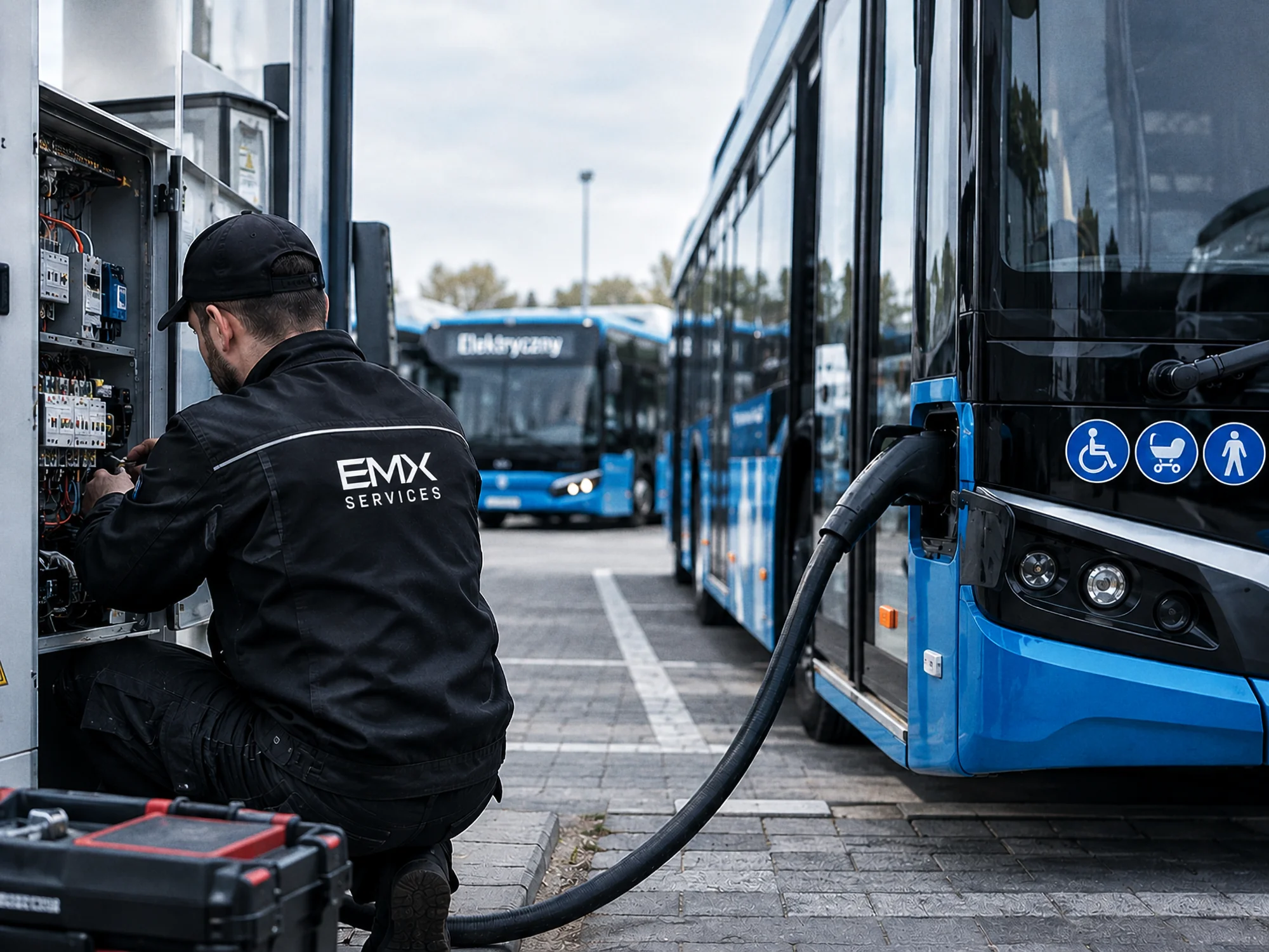 Serwisowanie stacji ładowania w zajezdni autobusowej.